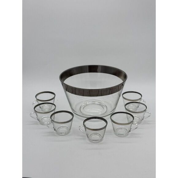 Vintage Mid Century Dorothy Thorpe Silver Band Punch Bowl and 7 Cups - Picture 1 of 8